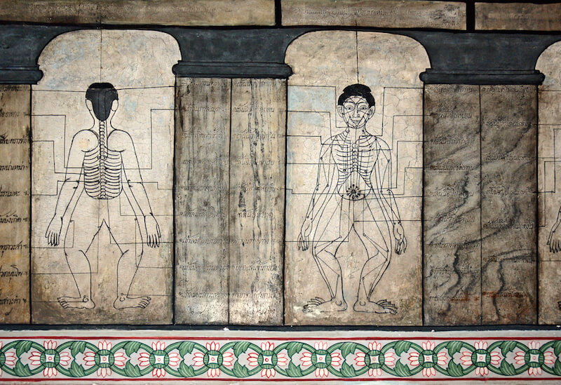 Historische Darstellung der Massagepunkte für die Thai-Massage aus dem Wat Pho-Tempel in Bangkok (Foto: Dmitriy Bryndin, Shutterstock).